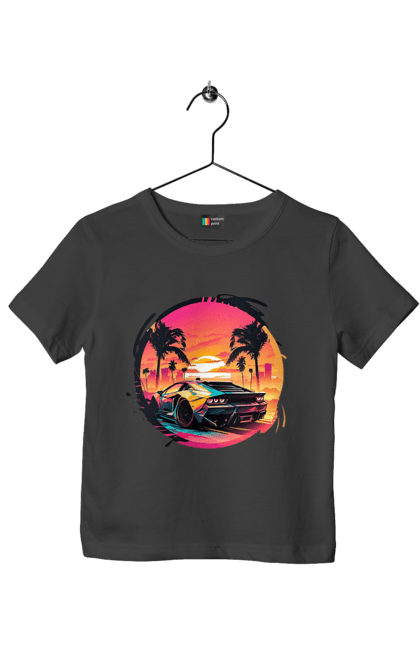 Футболка дитяча з принтом "Ламборджині Ретровейв". Авто, автомобиль, ламба, ламборджині, машина, машини, ретровейв. 2070702