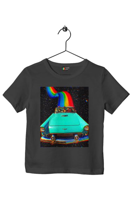 Футболка дитяча з принтом "Картина, машина у космосі". Веселка, картина, космос, машина, подорожі, поїздка, прикол, ретро. 2070702