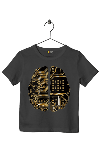 Футболка дитяча з принтом "Мозок Айті". Айті, айтішник, гик, знання, золотий, золото, інженер, кібер, кібернетика, кіборг, код, комп, кристал, мікросхема, мозок, програміст, професіонал, професія, розробник, розум, чіп. 2070702