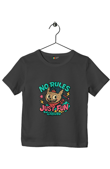 Футболка дитяча з принтом "Лабубу". Norulesjustfun, y2k, бандана, вуличний стиль, грайливий, графіті, зухвалий, лабубу, ретромультяшка, яскраво. 2070702