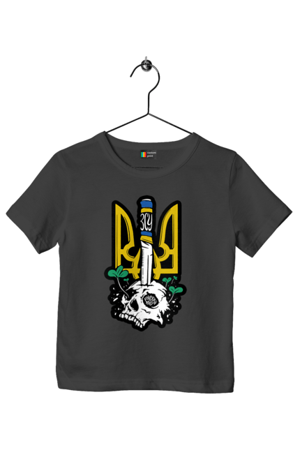 Футболка дитяча з принтом "Герб ЗСУ". Герб, зсу, патріотична, прапор, череп. 2070702