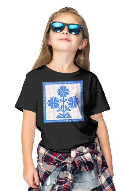 Children's t-shirt with prints Yellow blue embroidery flowers. Cross stitch, embroidery, flowers, symbol of ukraine, traditions of ukraine, ukraine. 2070702