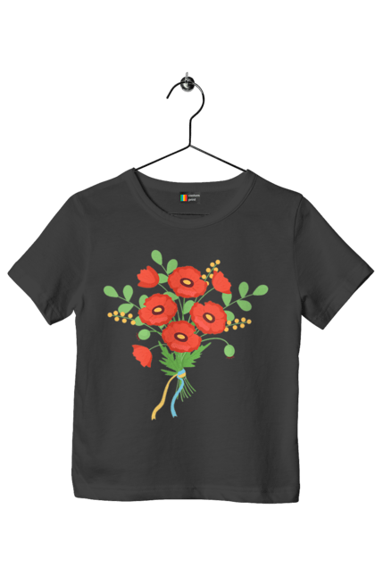 Футболка дитяча з принтом "Червоні маки". Квіти, мак, прапор україни, символ україни, традиції україни, україна, червоні маки. 2070702