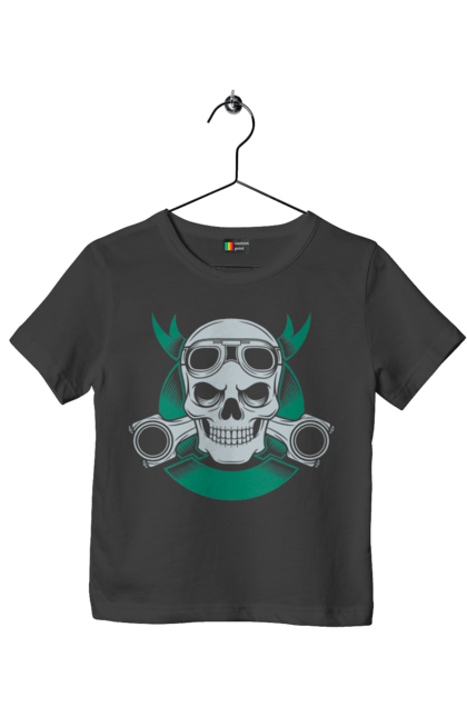 Футболка дитяча з принтом "череп мотолюбитель". Байк, мото, окуляри, череп. 2070702