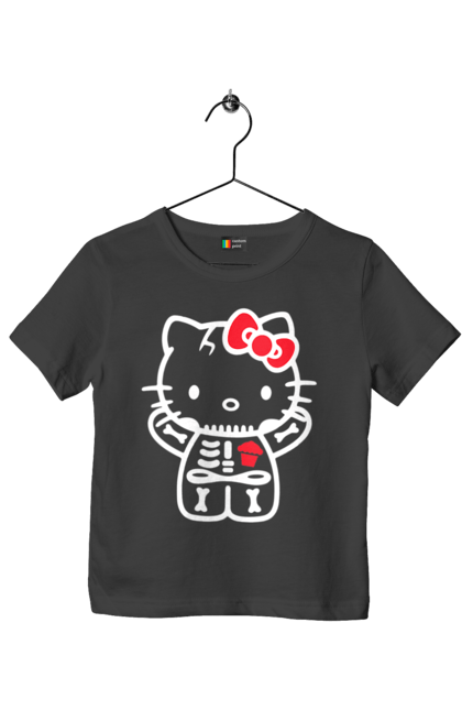 Футболка детская с принтом Хелло Китти Хэллоуин. Halloween, hello kitty, zombie, бренд, зомби, котенок, персонаж, скелет, хелло китти, хэллоуин. 2070702