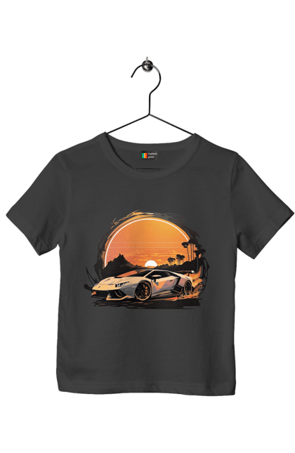 Футболка дитяча з принтом "Ламборджині на заході сонця". Авто, автомобіль, ламборджині, машина, машини. 2070702