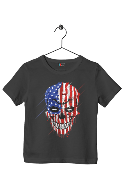 Children's t-shirt with prints Skull with flag. Bones, eagle, flag, scull, smile, teeth, usa. 2070702