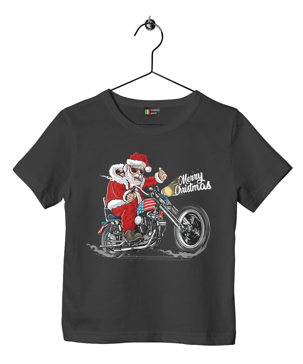 Santa in glasses on a motorcycle