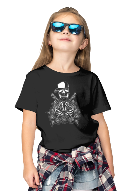 Children's t-shirt with prints Skeleton with pistols. Black and white, bones, cap, gun, roses, scull, skeleton, teeth. 2070702