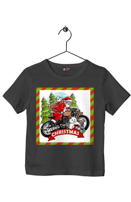 Футболка дитяча з принтом "Санта на мотоциклі". Мотоцикл, новий рік, подарунки, різдво, санта, сніговик, ялинка. 2070702