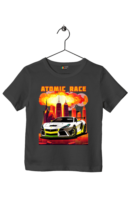Футболка дитяча з принтом "Атомна гонка". Авто, автомобіль, атомні перегони, гонки, гоночні машини, спортивна машина, спорткар. 2070702