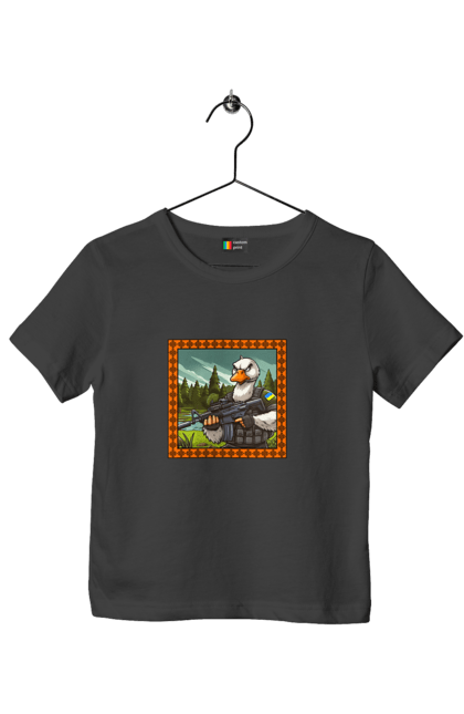 Футболка дитяча з принтом "Гусячий десант". Біологічна зброя, бойові гуси, військовий гусак, гусячий десант, зброєні сили, прапор, символіка, україна. 2070702