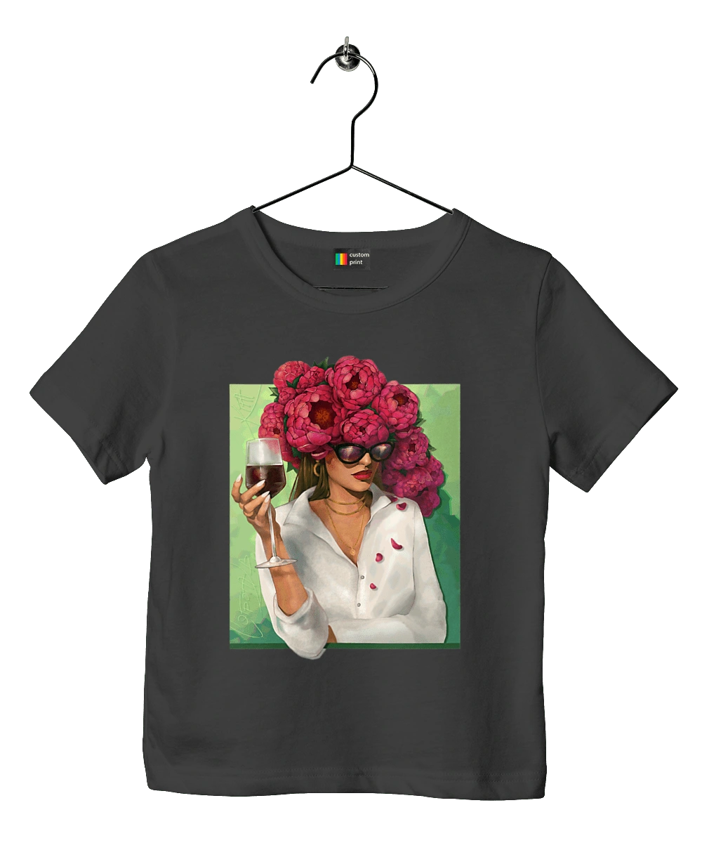 Girl with peonies and a glass