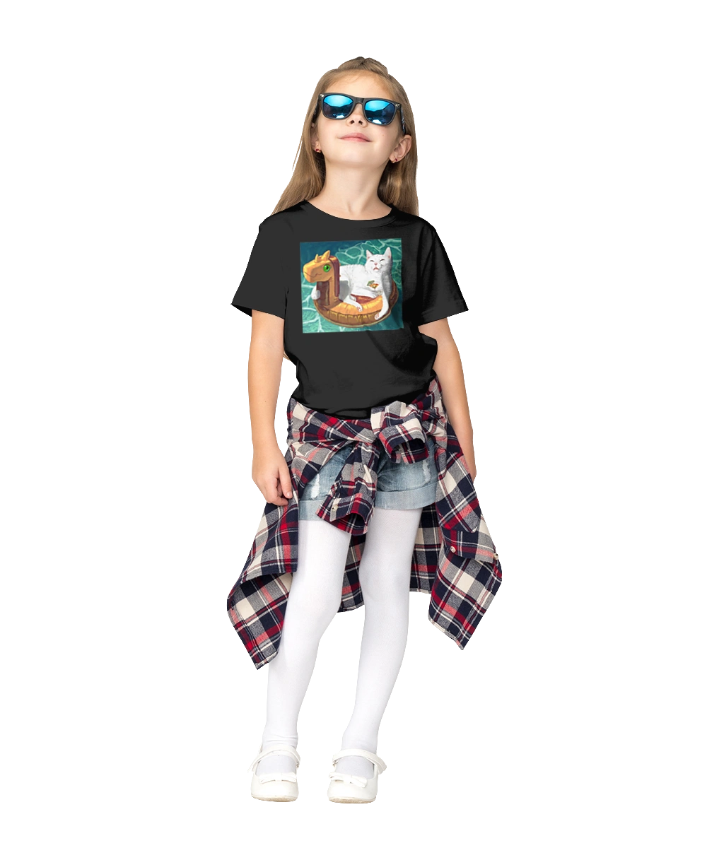 White cat in a swimming circle on vacation