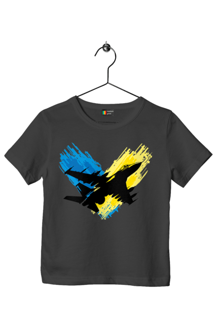 Футболка дитяча з принтом "Літак F 16". З прапором, зсу, літак, літак f16, патріотична, прапор, ф16. 2070702