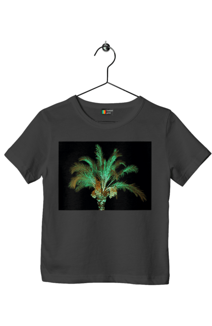 Футболка дитяча з принтом "Фінікова Пальма Вночі". Берег, відпочинок, відпустка, зелений, море, ніч, оазис, океан, острів, пальма, південь, подорож, пригоди, тропіки, фінікова, чорне. 2070702