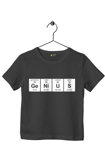 Children's t-shirt with prints Genius. Chemistry, cool, genius, humor, meme, mendeleev table, sarcasm, science. CustomPrint.market