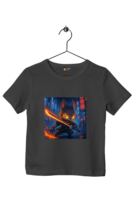 Футболка дитяча з принтом "Лабубу". Аніместиль, дія, катана, кіберніндзя, кіберпанк, лабубу, меч, неонове місто, очі` що світяться. 2070702