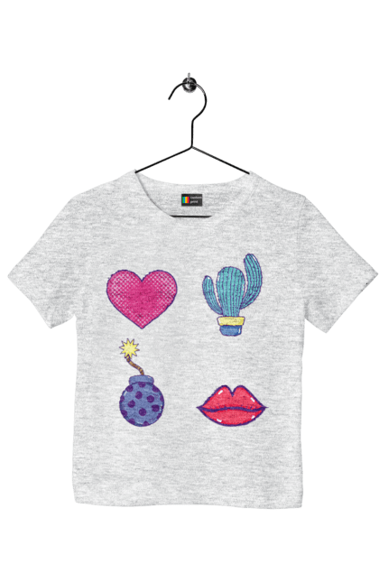 Children's t-shirt with prints Heart, Cactus, Bomb, Lips. Bomb, cactus, lips. 2070702