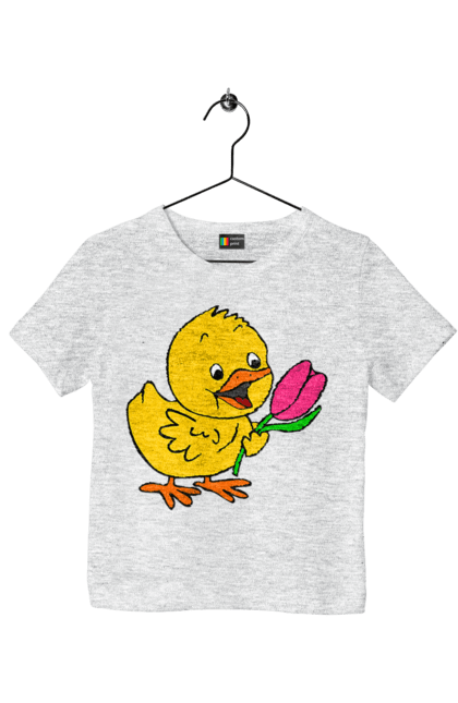 Children's t-shirt with prints Chicken With A Tulip. Chick, tulip. 2070702
