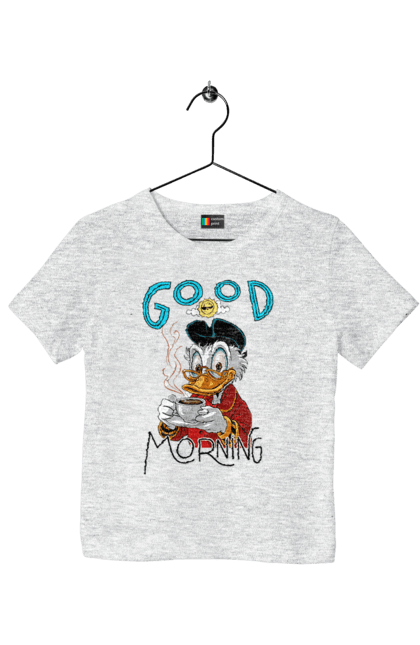 Футболка детская с принтом Скрудж Макдак. Scrooge mcduck, uncle scrooge, дисней, дядя скрудж, кофе, макдак, скрудж, скрудж макдак, чашка. 2070702