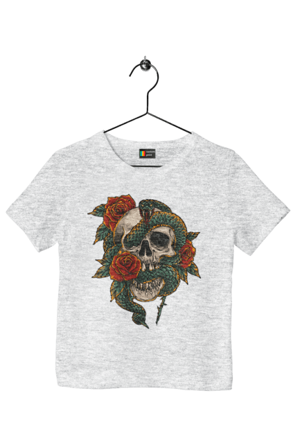 Children's t-shirt with prints Skull with a snake. Bones, flowers, roses, scales, scull, snake, spikes, teeth. 2070702