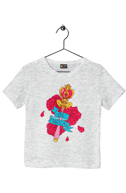 Children's t-shirt with prints Be Magical. Anime, charm, flowers, magic, rose flower, sailor moon, tv series, wand. 2070702