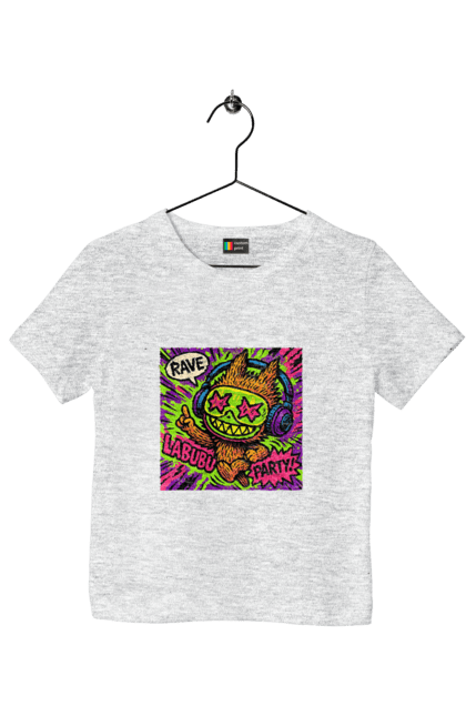 Футболка дитяча з принтом "Лабубу". Вечірка, вуличне мистецтво, графіті, зоряніочі, коміксстиль, лабубу, навушники, неон, попарт, рейв. 2070702