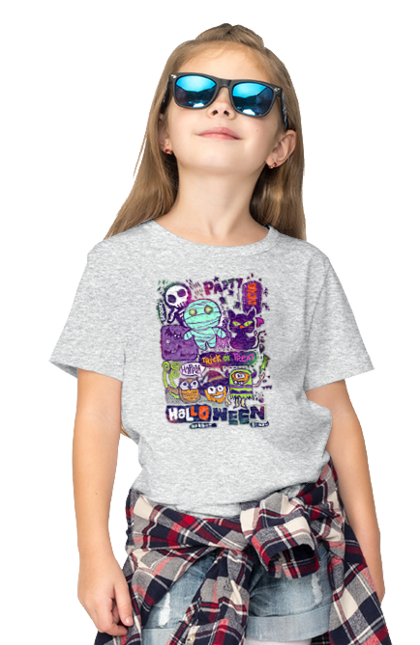 Children's t-shirt with prints Halloween Trick or Treat. Costume, ghost, halloween, holiday, october, october 31, pumpkin, skeleton, sweets, trick or treat. 2070702