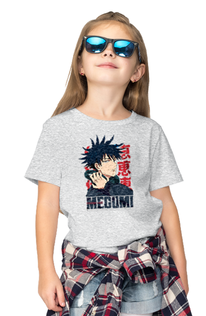 Children's t-shirt with prints Jujutsu Kaisen Megumi. Anime, dark fantasy, fushiguro, fushiguro megumi, jujutsu kaisen, magic battle, manga, megumi, mystic. 2070702