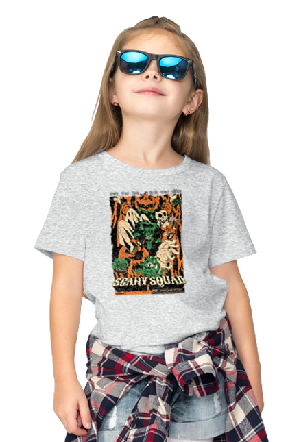 Children's t-shirt with prints Halloween Scary Squad. Costume, ghost, halloween, holiday, october, october 31, pumpkin, skeleton, sweets, trick or treat. 2070702