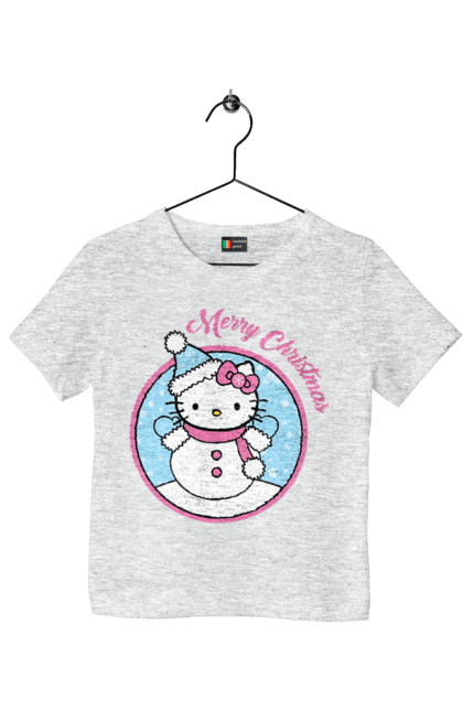 Children's t-shirt with prints Hello Kitty Merry Christmas!. Brand, cat, character, christmas, hello kitty, kitten, merry christmas, santa claus. 2070702