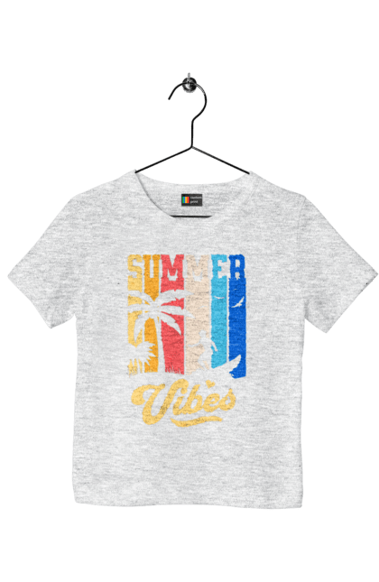 Футболка детская с принтом Пляжные летние флюиды. Лето, море, отдых, отпуск, пляж, серфинг, тропики. 2070702