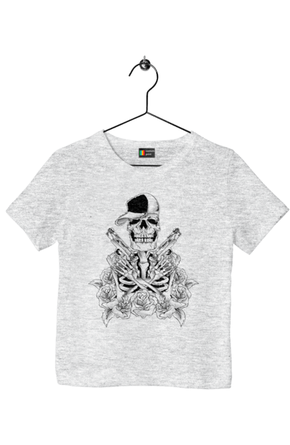 Children's t-shirt with prints Skeleton with pistols. Black and white, bones, cap, gun, roses, scull, skeleton, teeth. 2070702