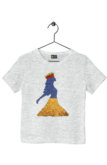 Children's t-shirt with prints Ukraine. Girl, national colors, poppies, sky, wheat field, wreath, yellow blue. 2070702