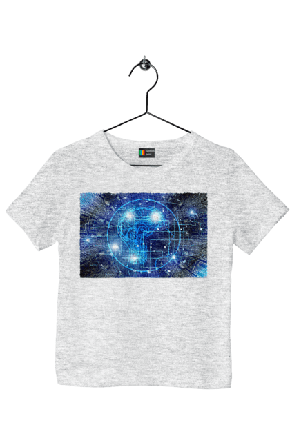 Футболка дитяча з принтом "Штучний інтелект". Айті, айтішник, гік, знання, інженер, інтелект, кібер, кібернетика, кіборг, код, комп, комп`ютерник, кристал, машинне навчання, мікросхема, мозок, портрет, програміст, професіонал, професія, розробник, розум, хакер, чіп, штучний інтелект, штучний розум. 2070702