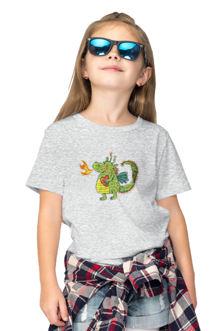 Children's t-shirt with prints Dragon in love. Dragon, fire, green dragon, heart, hearts, love, new year, symbol 2024. 2070702