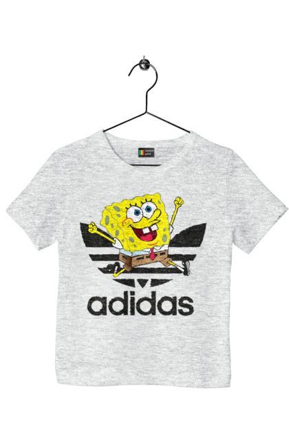 Футболка детская с принтом Adidas Губка Боб. Adidas, spongebob, адидас, баскетбол, губка боб, мультик, мультсериал, мяч, спанч боб, спорт. 2070702