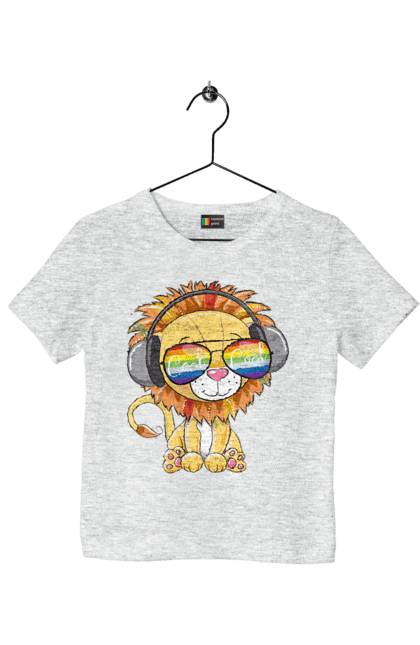 Children's t-shirt with prints Lion In Glasses And Headphones. Glasses, headphones, lion cub. 2070702