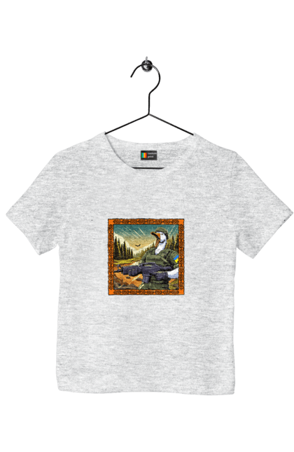 Children's t-shirt with prints Goose landing. Armed forces, biological weapons, fighting geese, flag, goose landing, military goose, symbolics, ukraine. 2070702