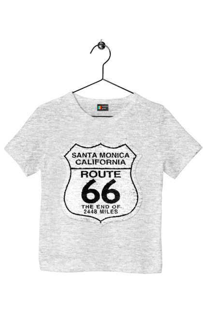 Children's t-shirt with prints Route 66. Bike, biker, biker club, bikers club, brother, brutal, dude, hot asphalt, hot horse, hot rod, motorcycle, motorcyclist, real man, road 50, road 66, road 80, roads of america, roads of ukraine, roads we choose, speed, take, thirst for speed. 2070702