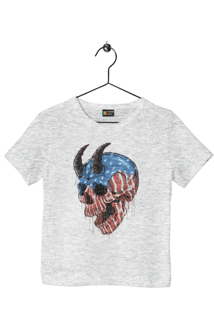 Children's t-shirt with prints Skull with horns. America, bones, dye, flag, horns, scull, states, teeth, usa. 2070702