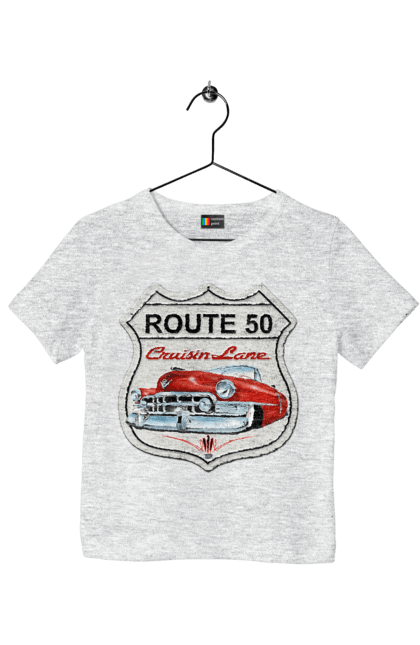 Children's t-shirt with prints Route 50. Bike, biker, biker club, bikers club, brother, brutal, dude, hot asphalt, hot horse, hot rod, motorcycle, motorcyclist, real man, road 50, road 66, road 80, roads of america, roads of ukraine, roads we choose, speed, take, thirst for speed. 2070702