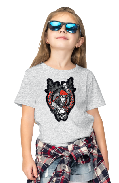 Children's t-shirt with prints Skeleton with a bat. Bit, bones, cap, gang, nails, scull, skeleton, tattoo, teeth. 2070702