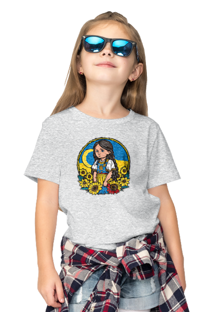 Children's t-shirt with prints Cute Ukrainian girl. Blue, flag of ukraine, made in ukraine, patriots of ukraine, support ukraine, ukraine, ukrainian, ukrainian girl, yellow, yellow-blue. 2070702