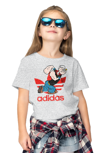 Футболка детская с принтом Adidas Моряк Попай. Adidas, popeye the sailor, адидас, комикс, моряк, мультфильм, сериал, трубка. 2070702