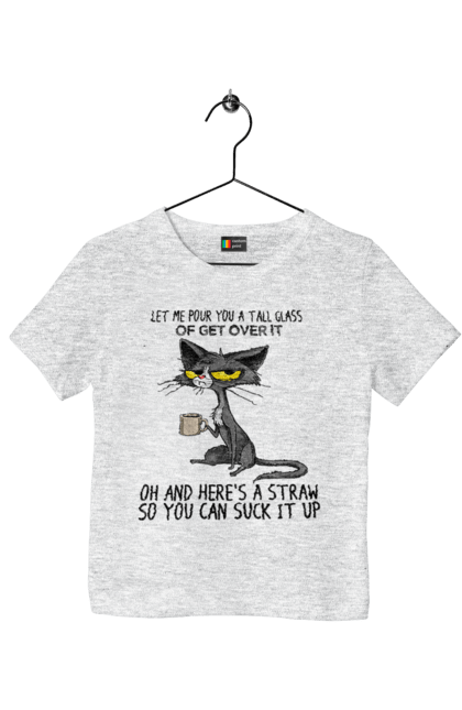 Футболка дитяча з принтом "Як це пережити?". Велика склянка, випий, все відмінно, йди нахуй, кіт і кухоль, налий, роздум, смоктати, як це подолати. 2070702