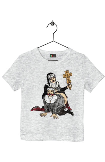 Футболка детская с принтом Монашки БДСМ. Бдсм, крутая, модная, молодежная, монашка, монашки бдсм, монашку, ролевые игры, шлепает по заднице. 2070702