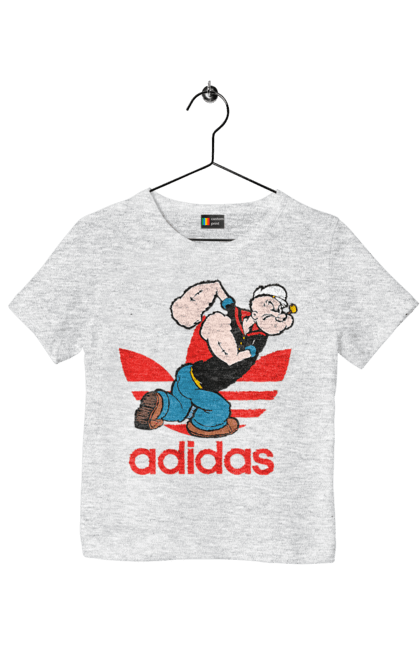 Футболка детская с принтом Adidas Моряк Попай. Adidas, popeye the sailor, адидас, комикс, моряк, мультфильм, сериал, трубка. 2070702