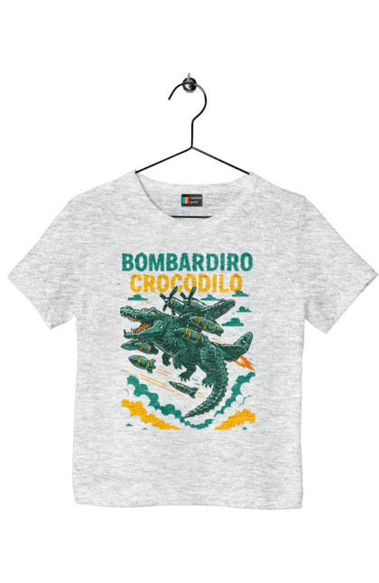 Футболка дитяча з принтом "Bombardino Crocodilo". Bombardino, bombardino crocodilo, crocodilo, бомбардіно крокоділо, крокодил, крокодил літак, крокодил мем, мем, мем бомбардине крокодило. 2070702